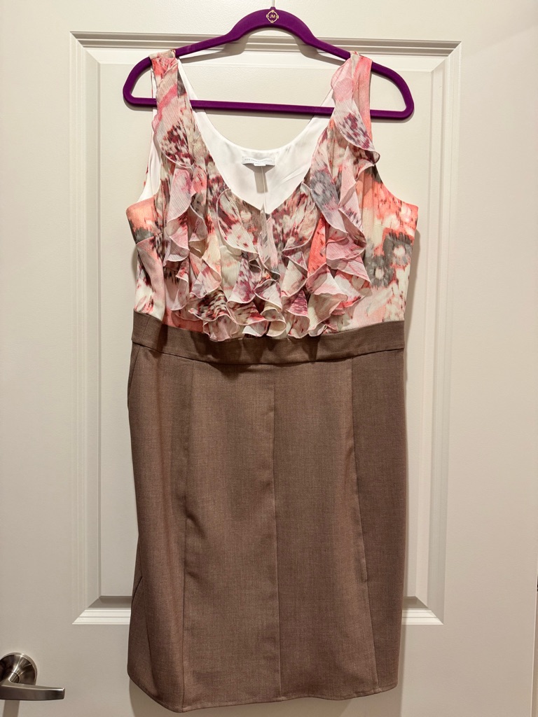New York & Company Floral Ruffle Bodice Sheath Dress In Pink And Brown